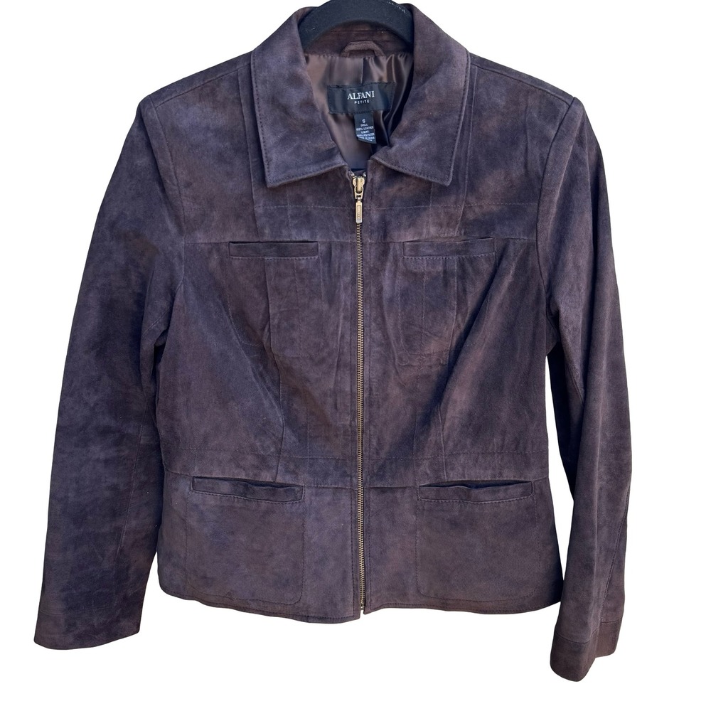 Alfani Suede Leather Minimalist Dark Academia Quiet Luxury Moto Jacket Brown S